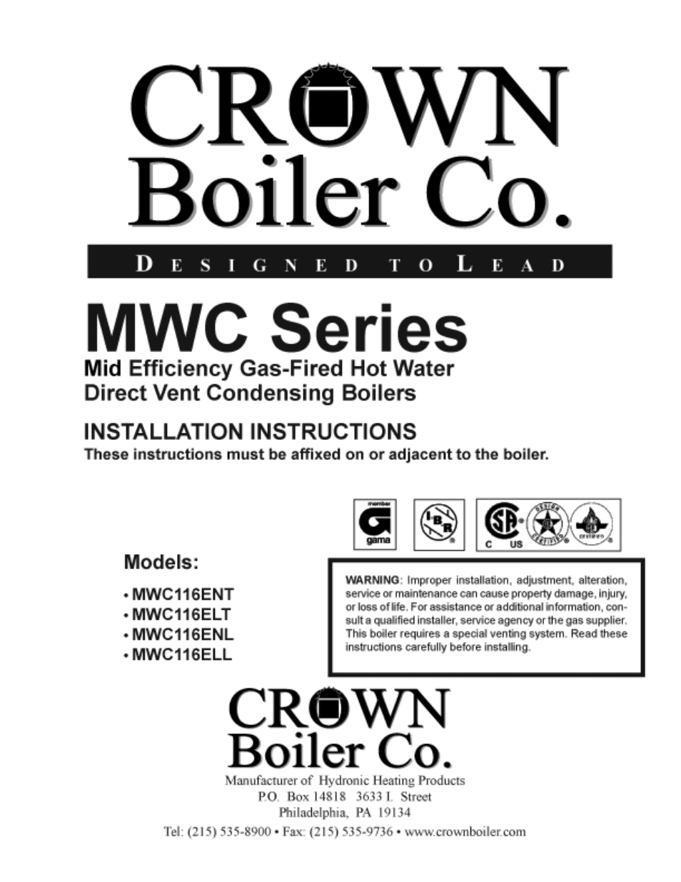 Crown Boiler MWC116ENT User Manual | 88 pages