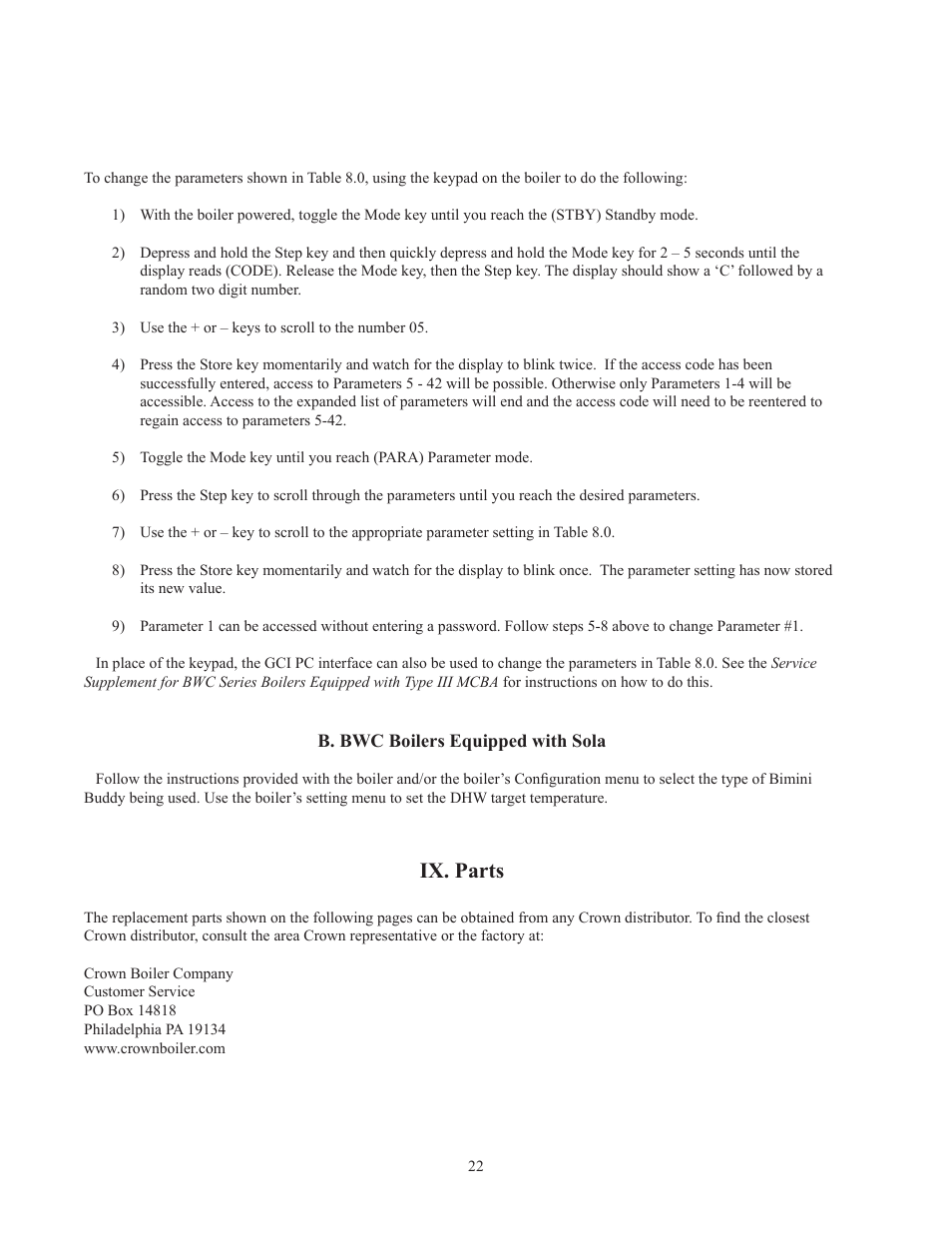 Ix. parts | Crown Boiler BB100H User Manual | Page 24 / 28