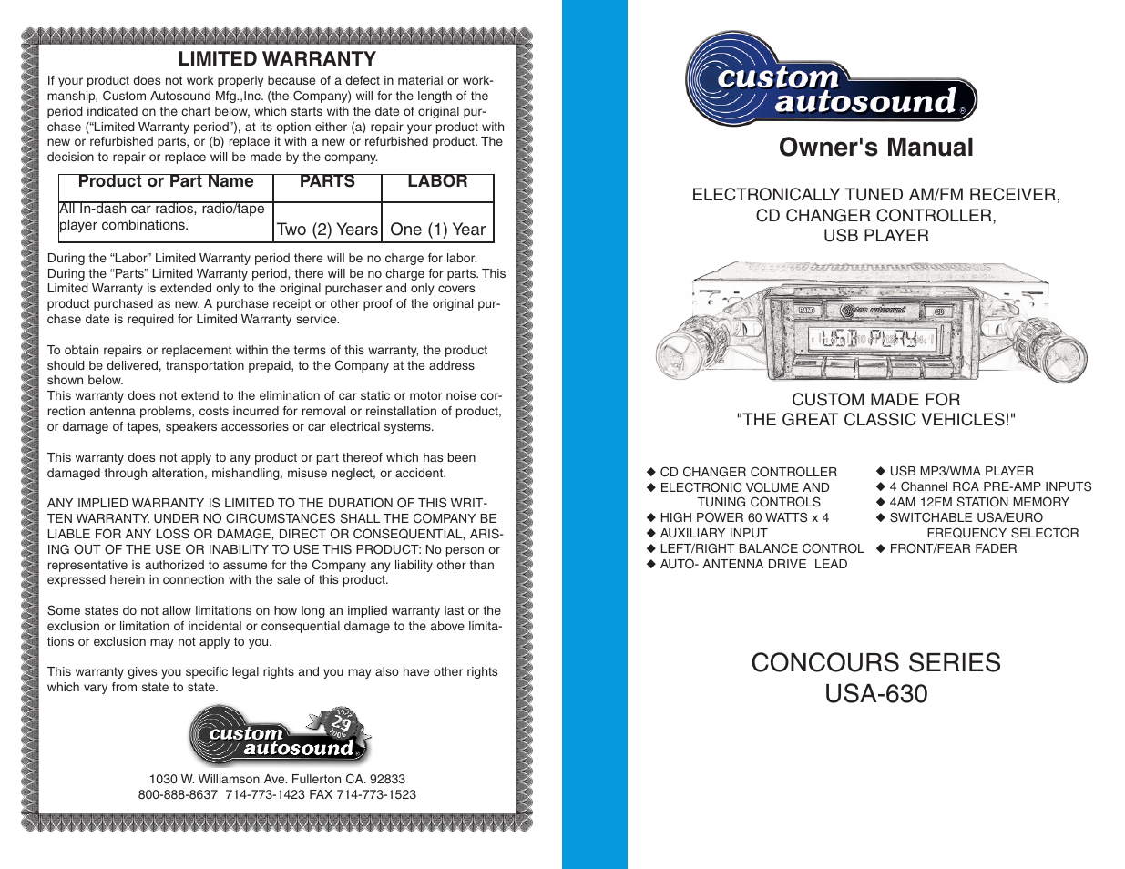 Custom Autosound USA-630 series User Manual | 8 pages