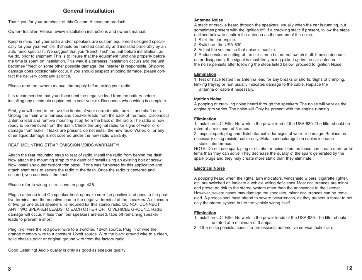 General installation | Custom Autosound USA-630 series User Manual | Page 4 / 8