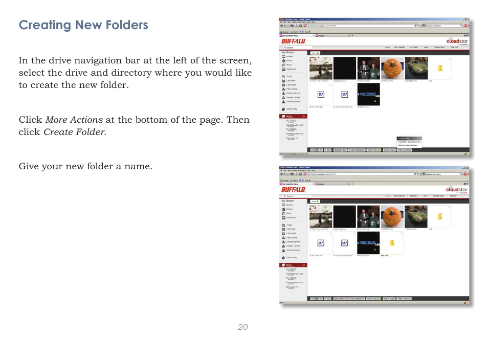 Creating new folders | CloudStor CLOUDSTOR CS-WV/1D User Manual | Page 20 / 52