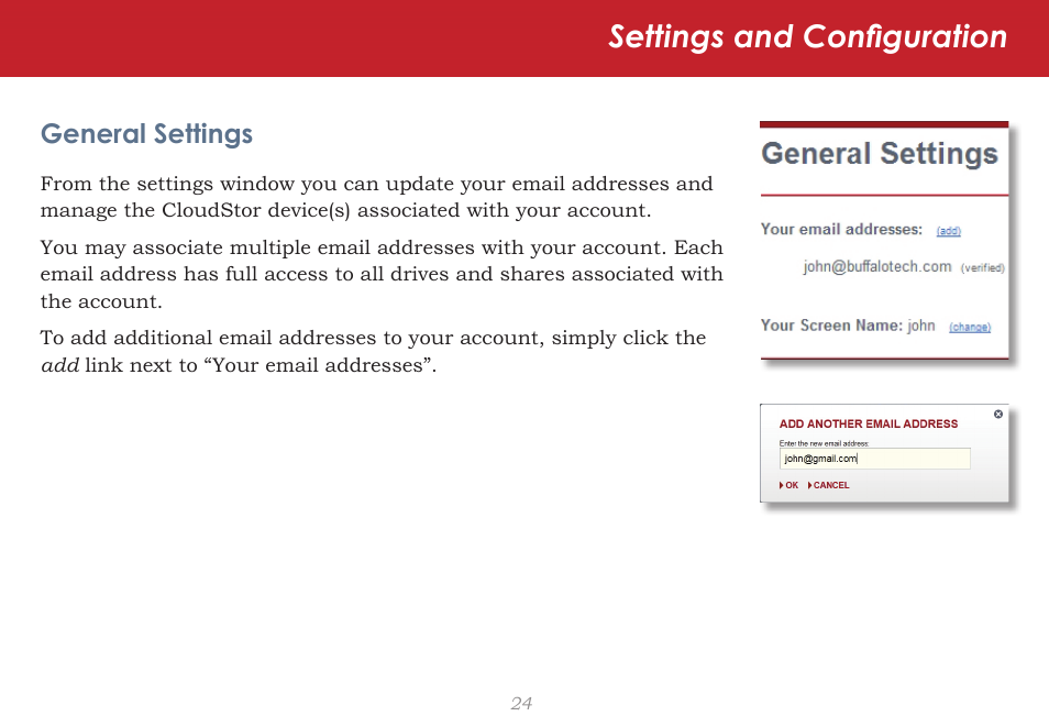 Settings and configuration | CloudStor CLOUDSTOR CS-WV/1D User Manual | Page 24 / 52