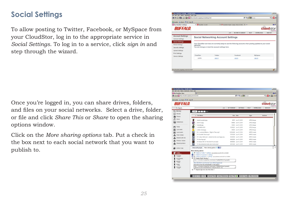 Social settings | CloudStor CLOUDSTOR CS-WV/1D User Manual | Page 25 / 52