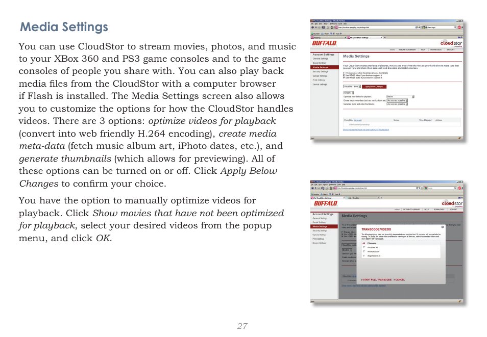 Media settings | CloudStor CLOUDSTOR CS-WV/1D User Manual | Page 27 / 52