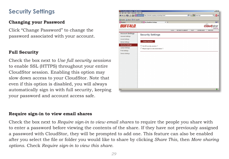 Security settings | CloudStor CLOUDSTOR CS-WV/1D User Manual | Page 29 / 52