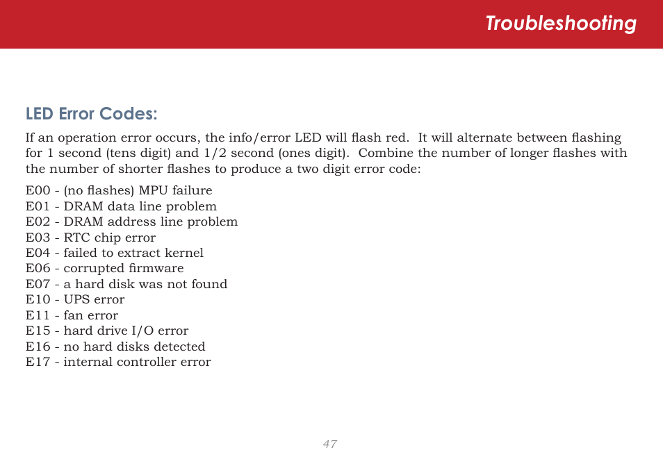 Troubleshooting, Led error codes | CloudStor CLOUDSTOR CS-WV/1D User Manual | Page 47 / 52