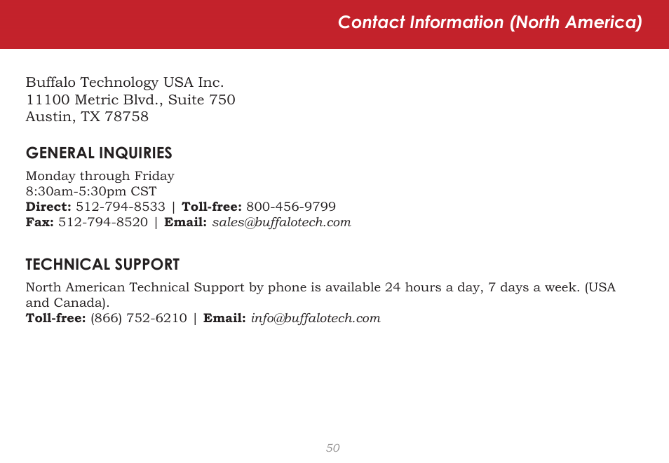 Contact information (north america) | CloudStor CLOUDSTOR CS-WV/1D User Manual | Page 50 / 52