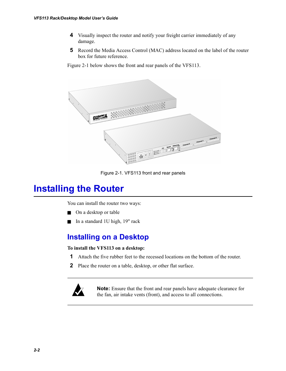 Installing the router, Installing on a desktop, Installing the router -2 | Installing on a desktop -2 | Chaparral VFS113 User Manual | Page 18 / 96