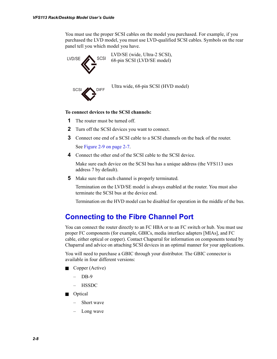 Connecting to the fibre channel port, Connecting to the fibre channel port -8 | Chaparral VFS113 User Manual | Page 24 / 96