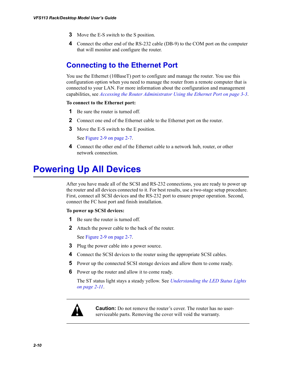 Connecting to the ethernet port, Powering up all devices, Connecting to the ethernet port -10 | Powering up all devices -10 | Chaparral VFS113 User Manual | Page 26 / 96