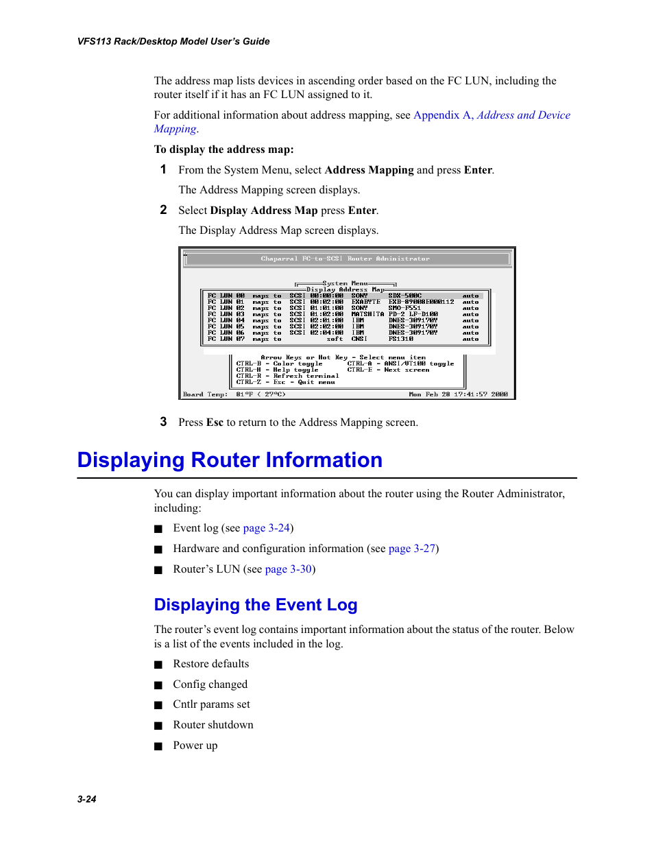 Displaying router information, Displaying the event log, Displaying router information -24 | Displaying the event log -24 | Chaparral VFS113 User Manual | Page 52 / 96