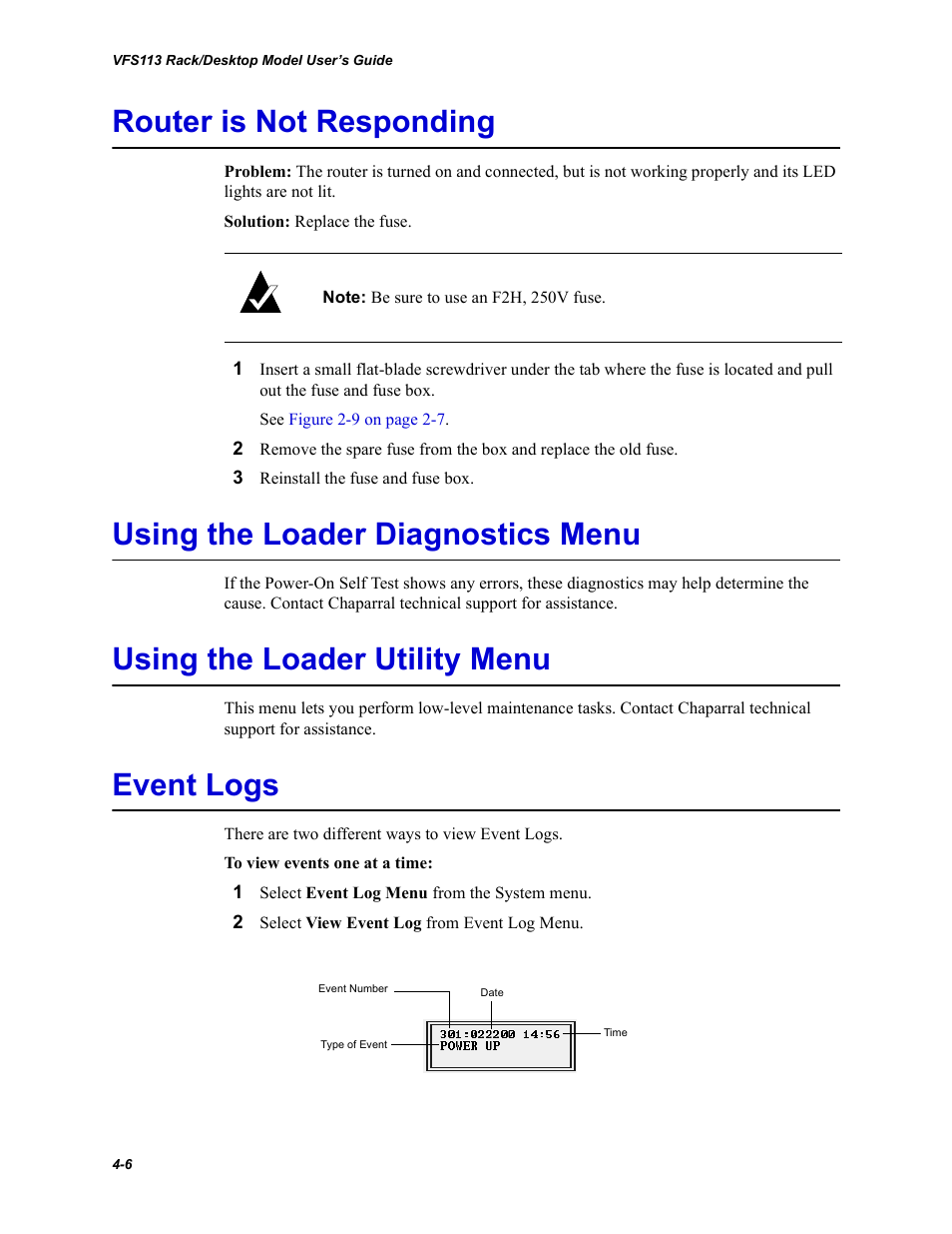 Router is not responding, Using the loader diagnostics menu, Using the loader utility menu | Event logs | Chaparral VFS113 User Manual | Page 68 / 96