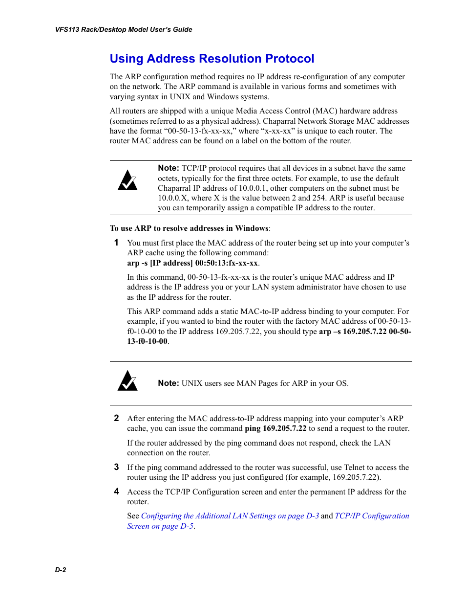 Using address resolution protocol, Using address | Chaparral VFS113 User Manual | Page 76 / 96