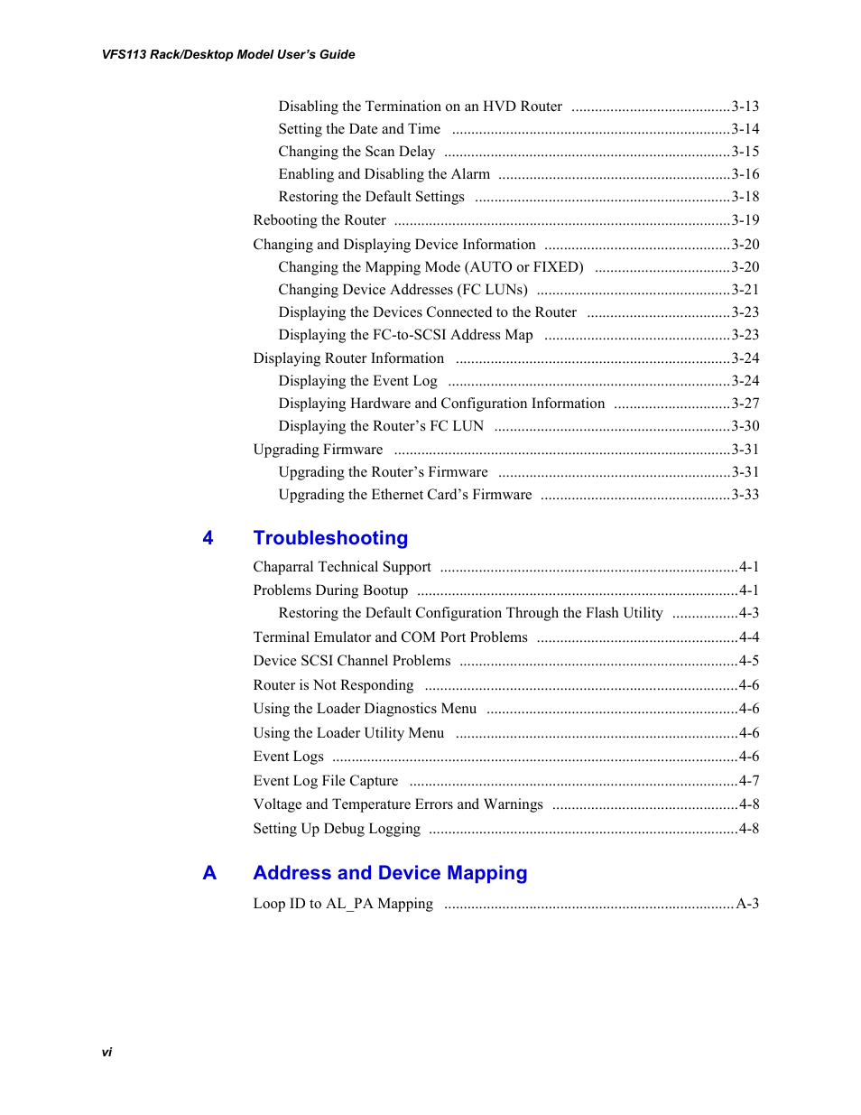 4 troubleshooting, A address and device mapping, 4troubleshooting | Aaddress and device mapping | Chaparral VFS113 User Manual | Page 8 / 96