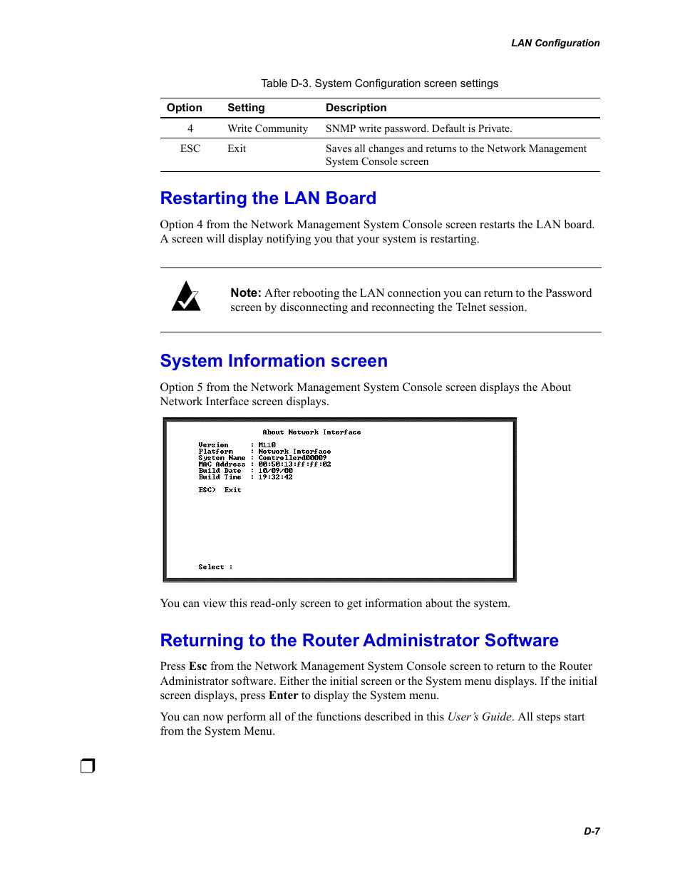 Restarting the lan board, System information screen, Returning to the router administrator software | Returning to the router, Administrator software | Chaparral VFS113 User Manual | Page 81 / 96