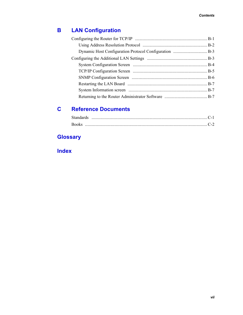 B lan configuration, C reference documents, Glossary | Index | Chaparral VFS113 User Manual | Page 9 / 96