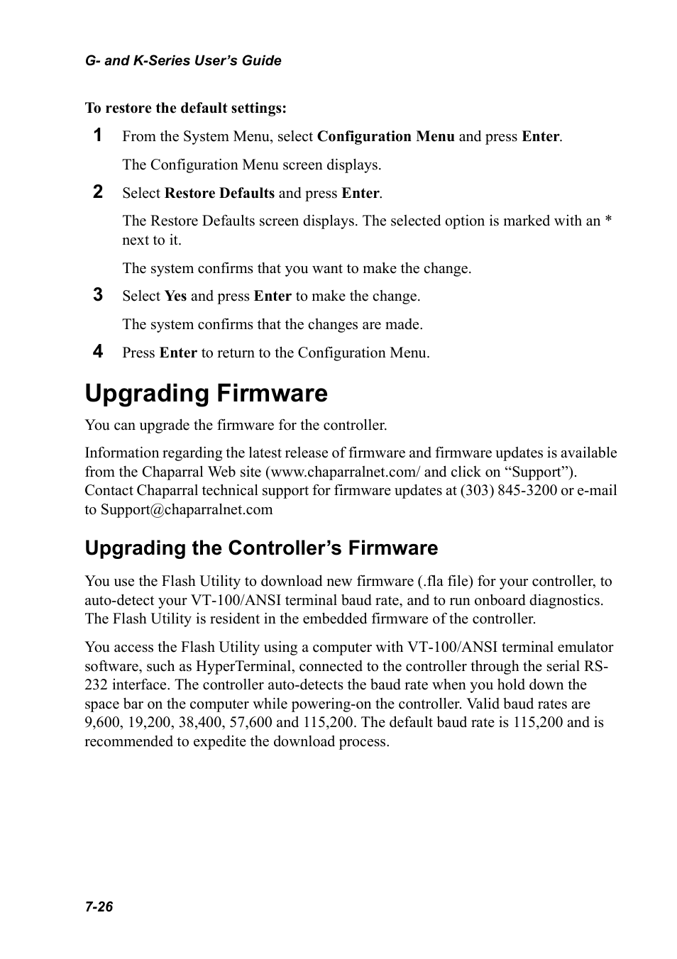 Upgrading firmware, Upgrading the controller’s firmware, Upgrading firmware 7-26 | Upgrading the controller’s firmware 7-26 | Chaparral K5312/K7313 User Manual | Page 106 / 160