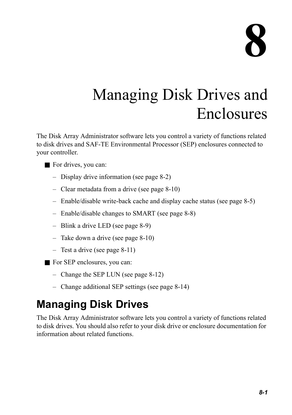 Managing disk drives and enclosures, Managing disk drives, Managing disk drives 8-1 | Chapter 8, managing disk drives and enclosures | Chaparral K5312/K7313 User Manual | Page 109 / 160