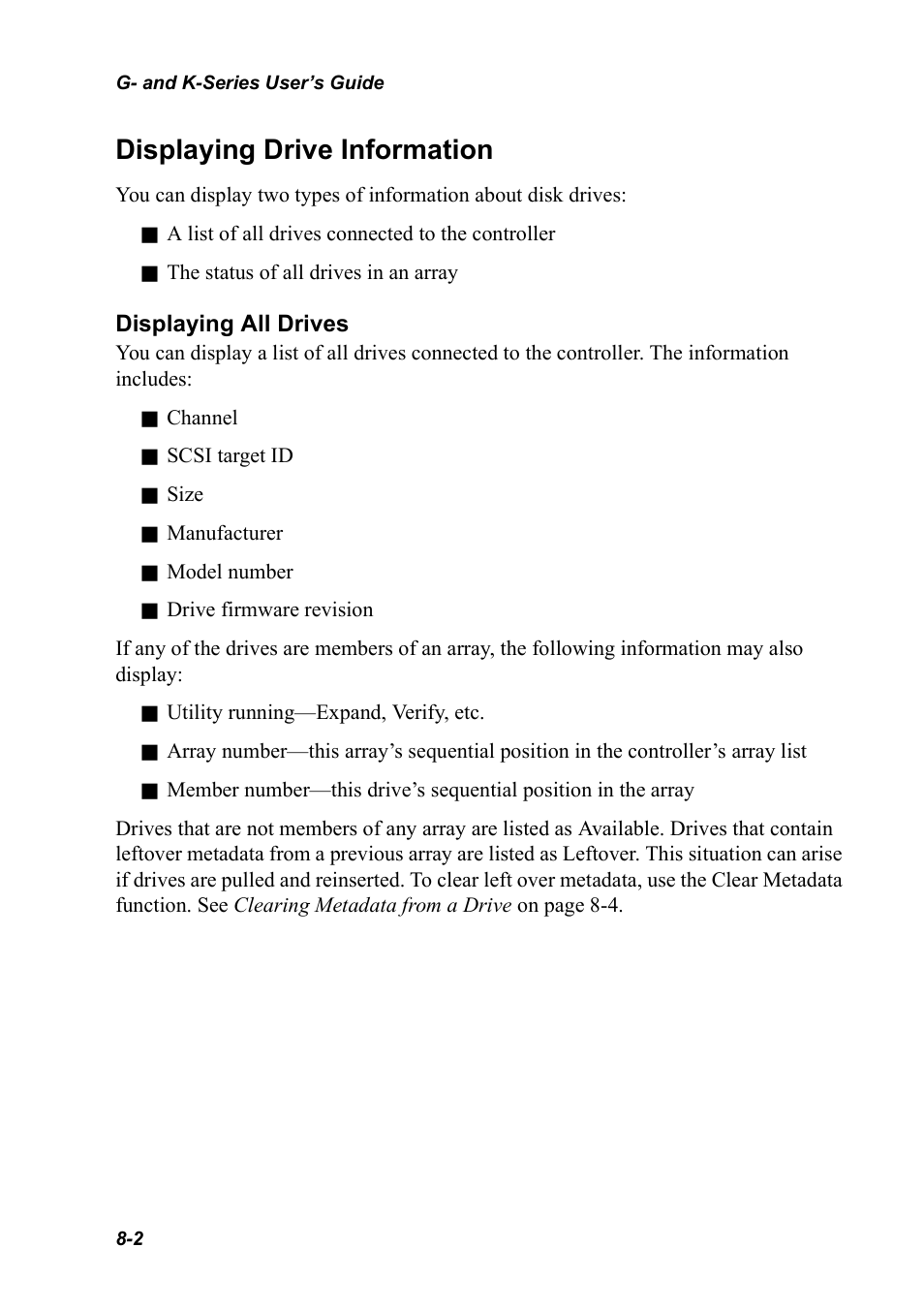 Displaying drive information, Displaying all drives, Displaying drive information 8-2 | Chaparral K5312/K7313 User Manual | Page 110 / 160
