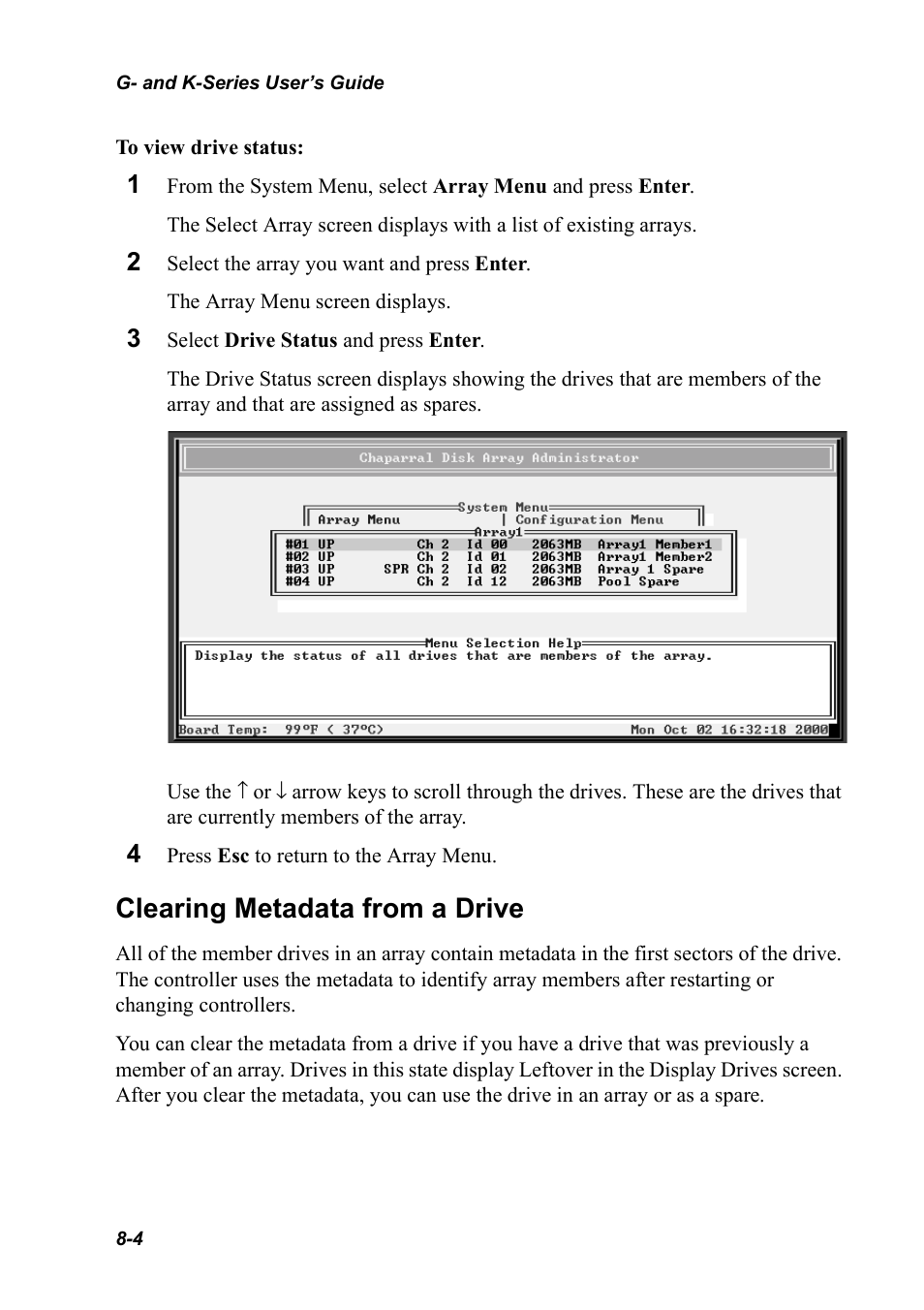 Clearing metadata from a drive, Clearing metadata from a drive 8-4 | Chaparral K5312/K7313 User Manual | Page 112 / 160