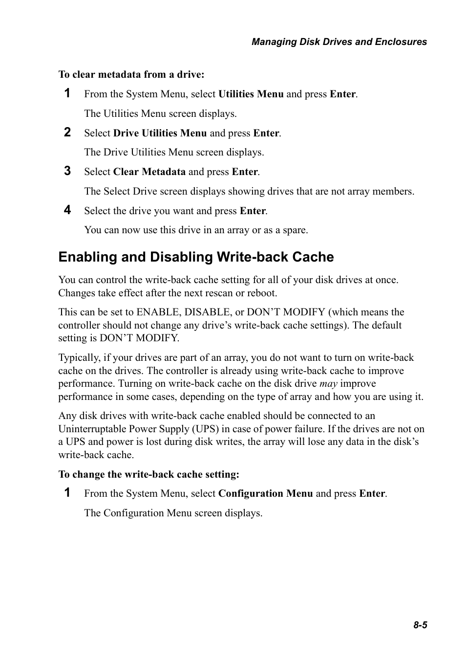 Enabling and disabling write-back cache, Enabling and disabling write-back cache 8-5 | Chaparral K5312/K7313 User Manual | Page 113 / 160