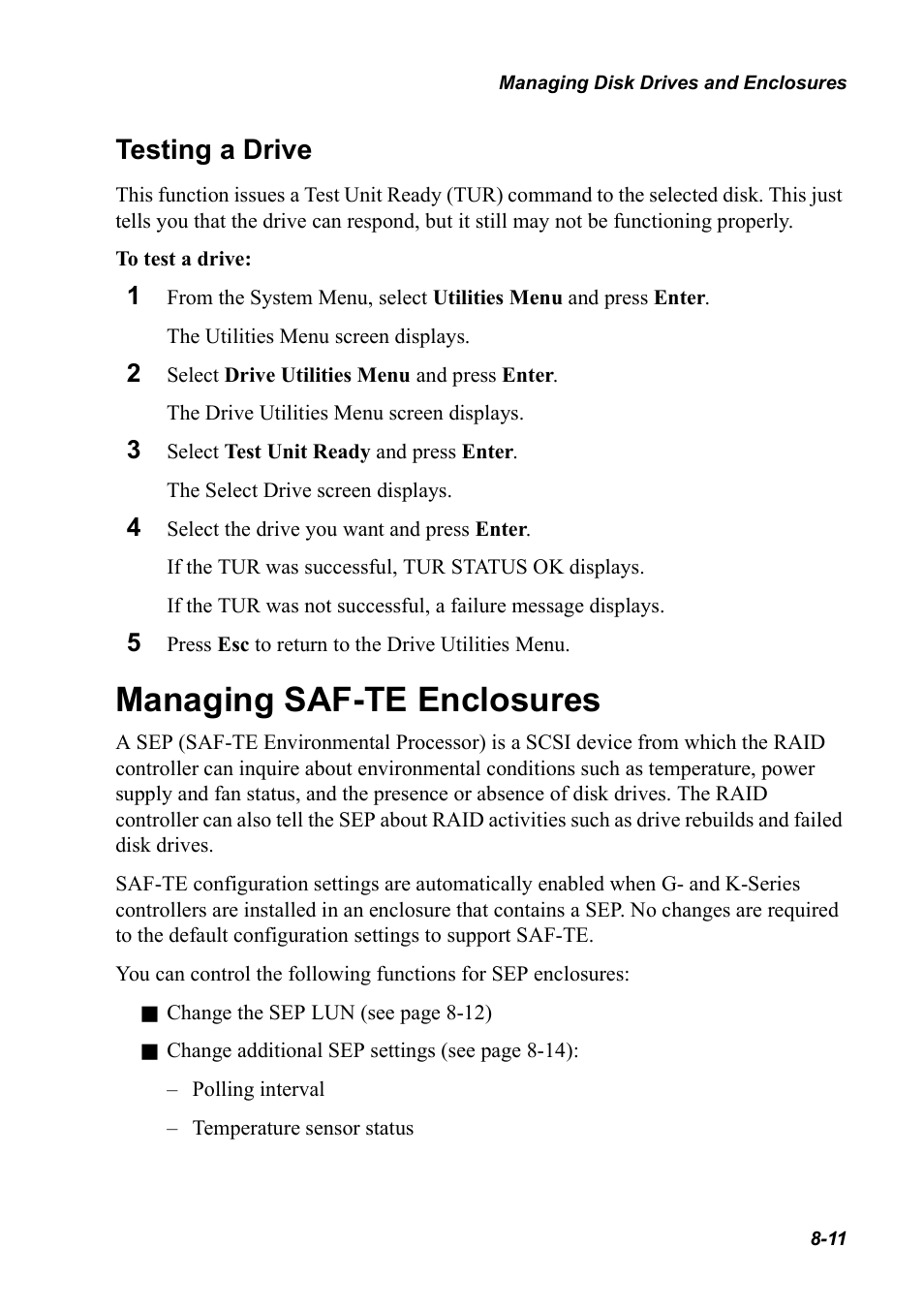 Testing a drive, Managing saf-te enclosures, Testing a drive 8-11 | Managing saf-te enclosures 8-11 | Chaparral K5312/K7313 User Manual | Page 119 / 160