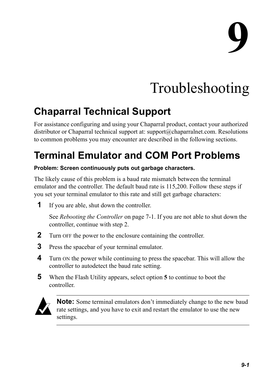 Troubleshooting, Chaparral technical support, Terminal emulator and com port problems | Chaparral K5312/K7313 User Manual | Page 125 / 160