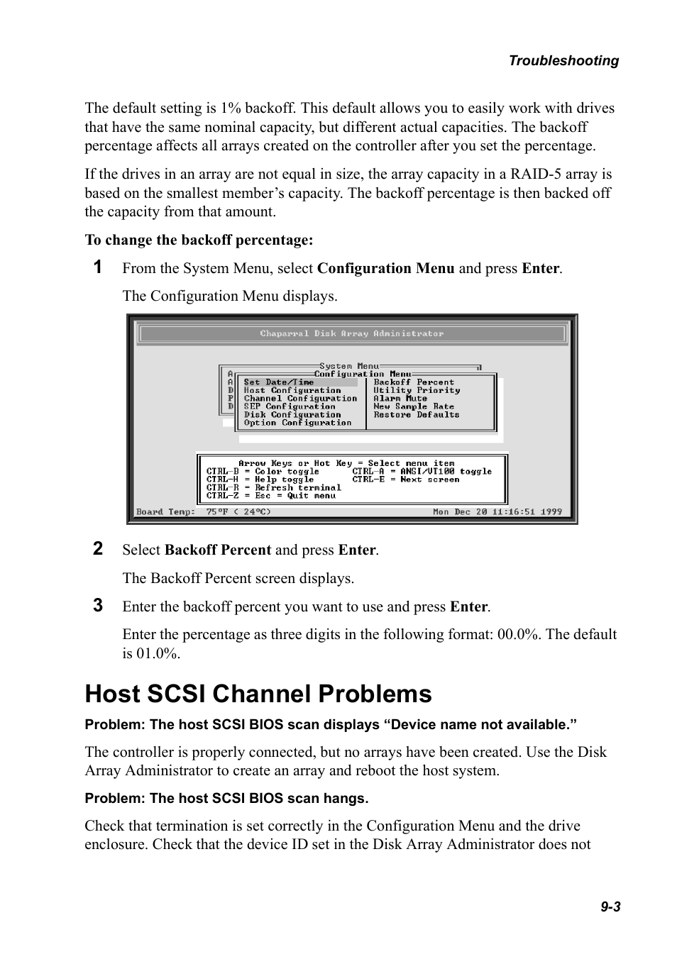 Host scsi channel problems, Host scsi channel problems 9-3 | Chaparral K5312/K7313 User Manual | Page 127 / 160