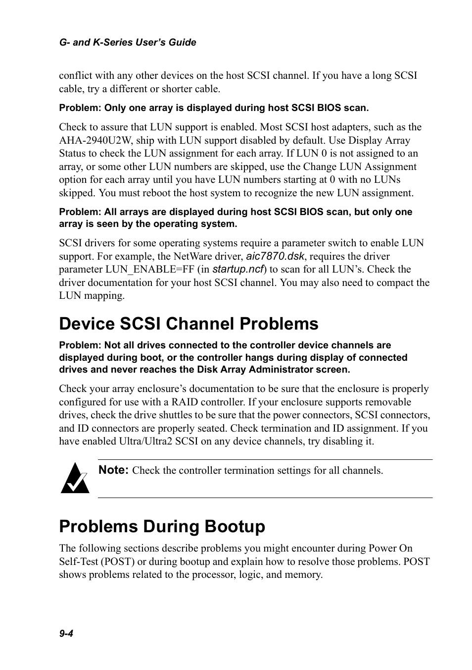 Device scsi channel problems, Problems during bootup | Chaparral K5312/K7313 User Manual | Page 128 / 160