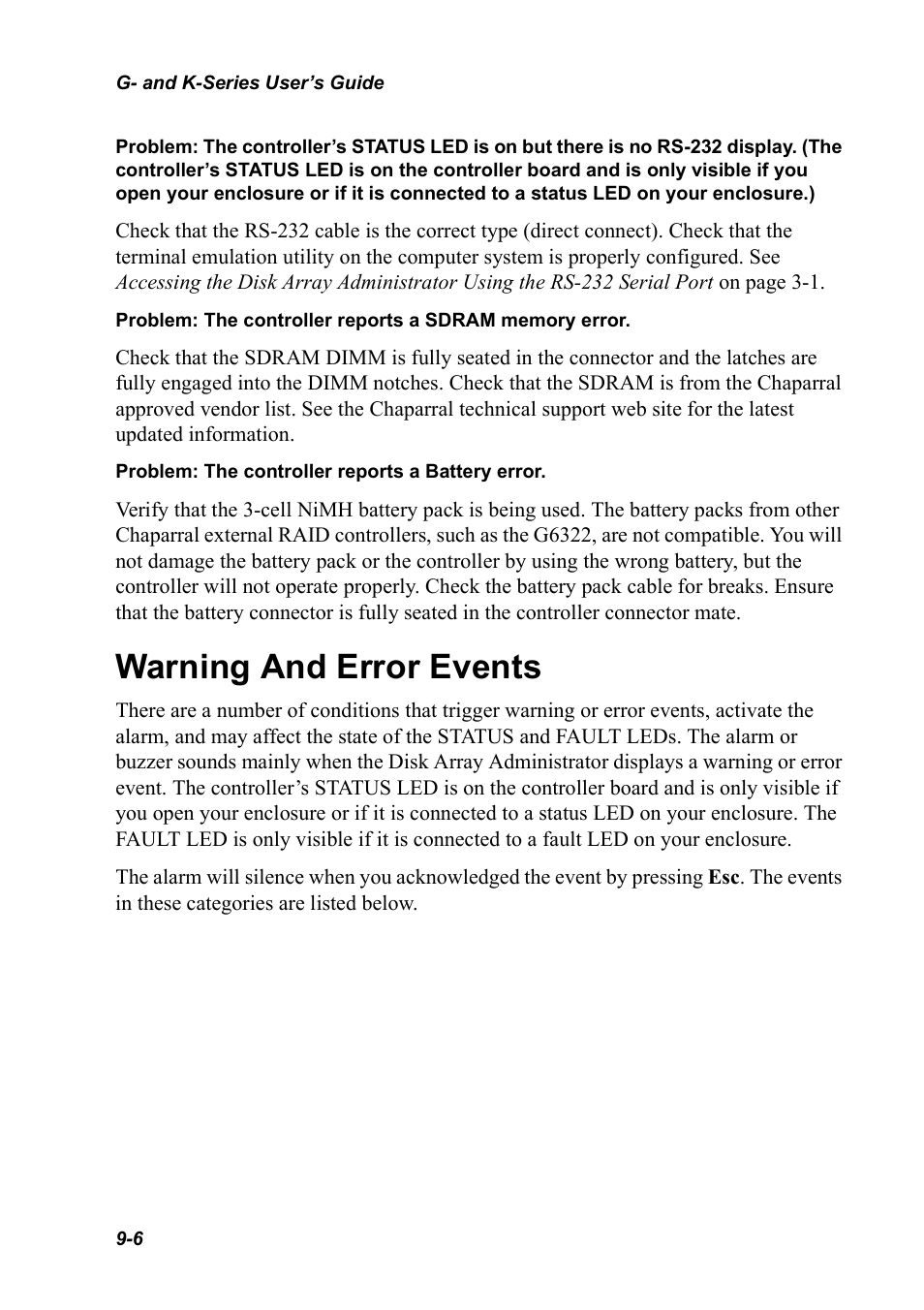 Warning and error events, Warning and error events 9-6 | Chaparral K5312/K7313 User Manual | Page 130 / 160