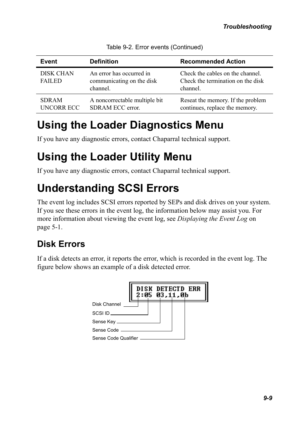 Using the loader diagnostics menu, Using the loader utility menu, Understanding scsi errors | Disk errors, Disk errors 9-9 | Chaparral K5312/K7313 User Manual | Page 133 / 160