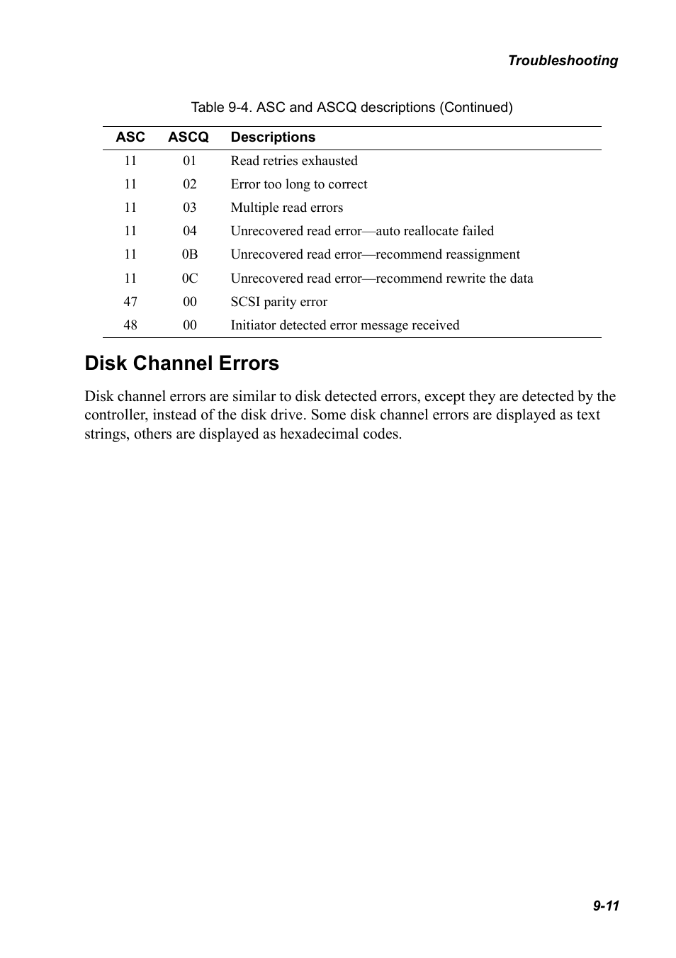 Disk channel errors, Disk channel errors 9-11 | Chaparral K5312/K7313 User Manual | Page 135 / 160