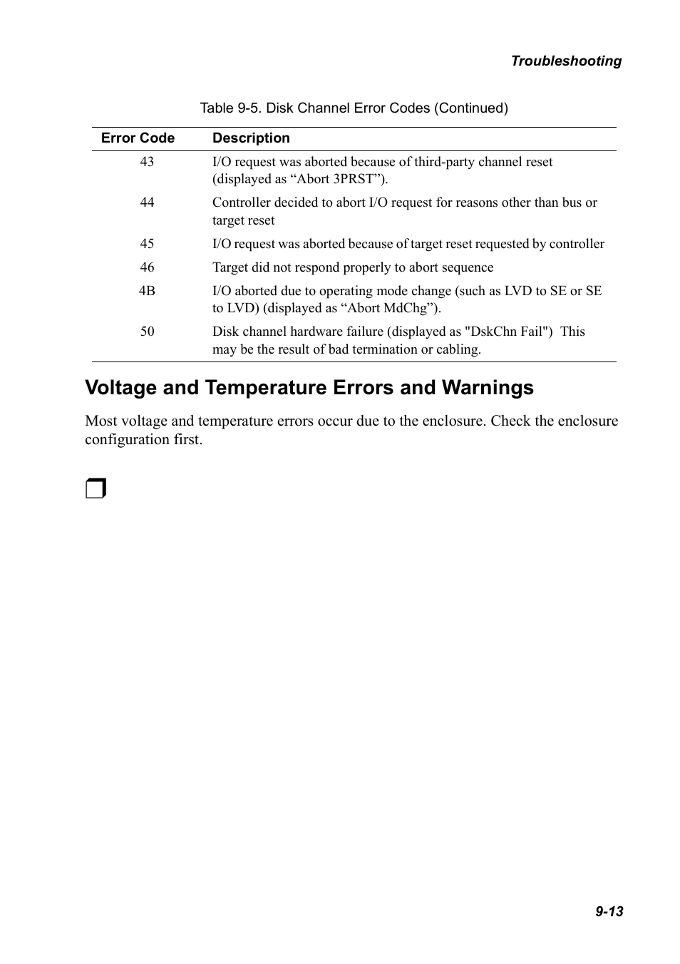 Voltage and temperature errors and warnings, Voltage and temperature errors and warnings 9-13 | Chaparral K5312/K7313 User Manual | Page 137 / 160