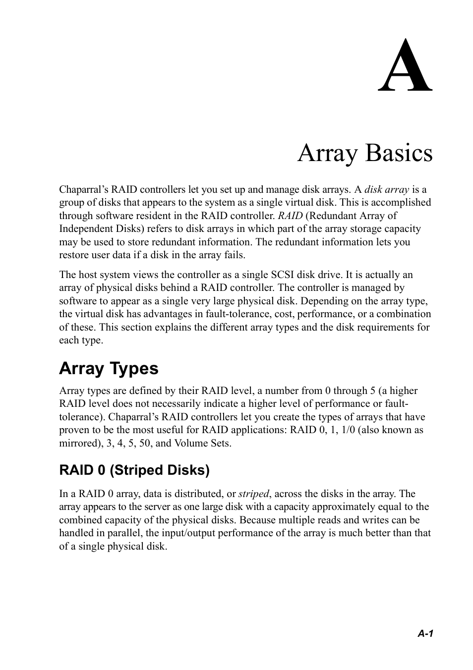 Array basics, Array types, Raid 0 (striped disks) | Array types a-1, Raid 0 (striped disks) a-1 | Chaparral K5312/K7313 User Manual | Page 139 / 160