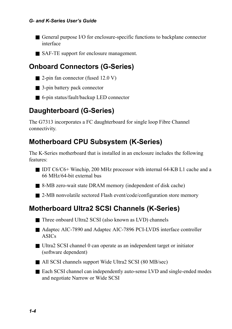 Onboard connectors (g-series), Daughterboard (g-series), Motherboard cpu subsystem (k-series) | Motherboard ultra2 scsi channels (k-series) | Chaparral K5312/K7313 User Manual | Page 14 / 160