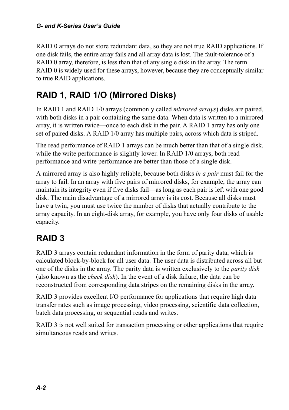 Raid1, raid1/o (mirrored disks), Raid 3, Raid 1, raid 1/o (mirrored disks) a-2 raid 3 a-2 | Raid 1, raid 1/o (mirrored disks) | Chaparral K5312/K7313 User Manual | Page 140 / 160