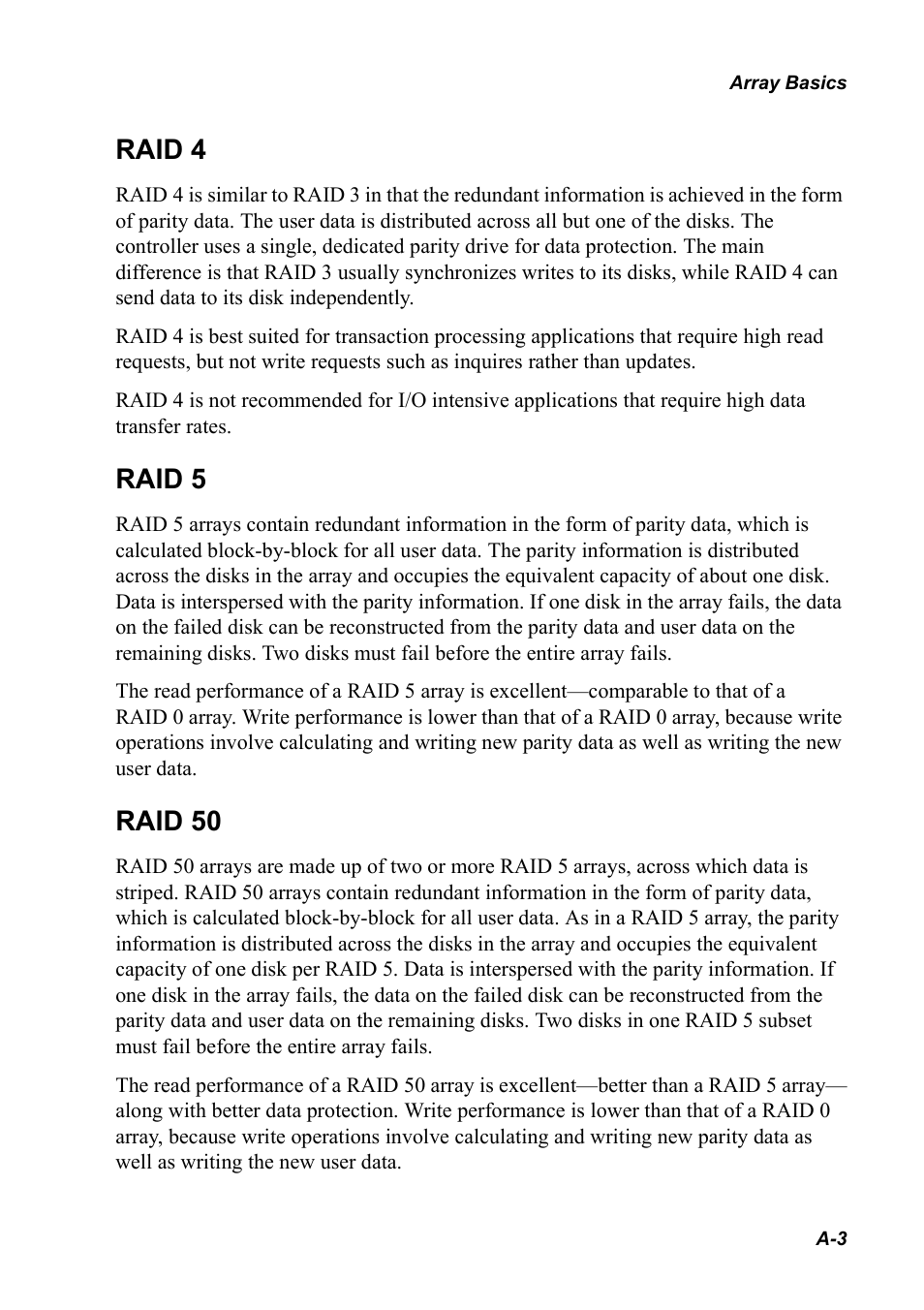 Raid 4, Raid5, Raid50 | Raid 4 a-3 raid 5 a-3 raid 50 a-3, Raid 5, Raid 50 | Chaparral K5312/K7313 User Manual | Page 141 / 160