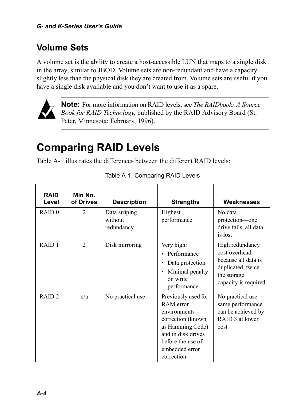 Volume sets, Comparing raid levels, Volume sets a-4 | Comparing raid levels a-4 | Chaparral K5312/K7313 User Manual | Page 142 / 160