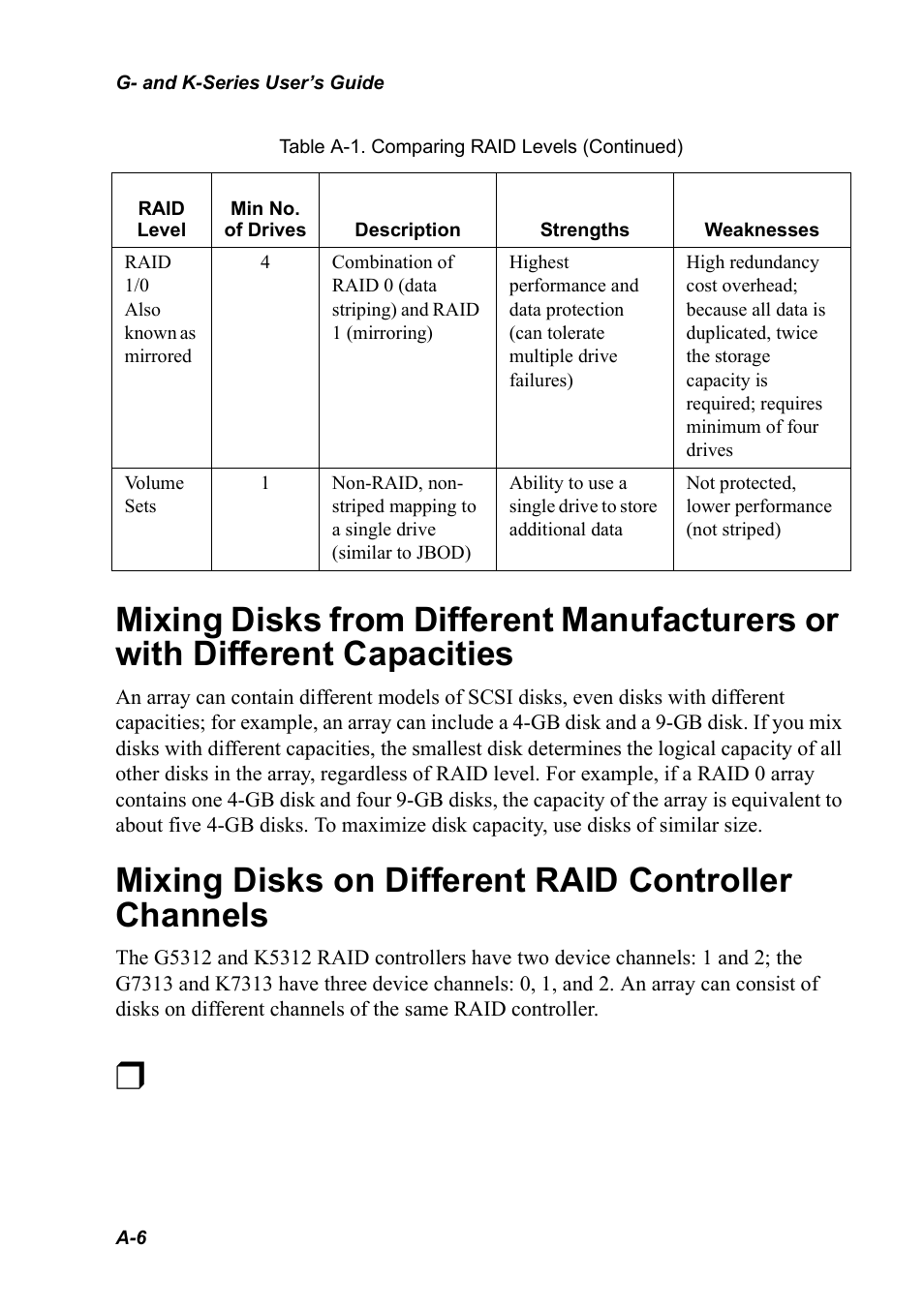 Mixing disks on different raid controller channels, Capacities a-6 | Chaparral K5312/K7313 User Manual | Page 144 / 160