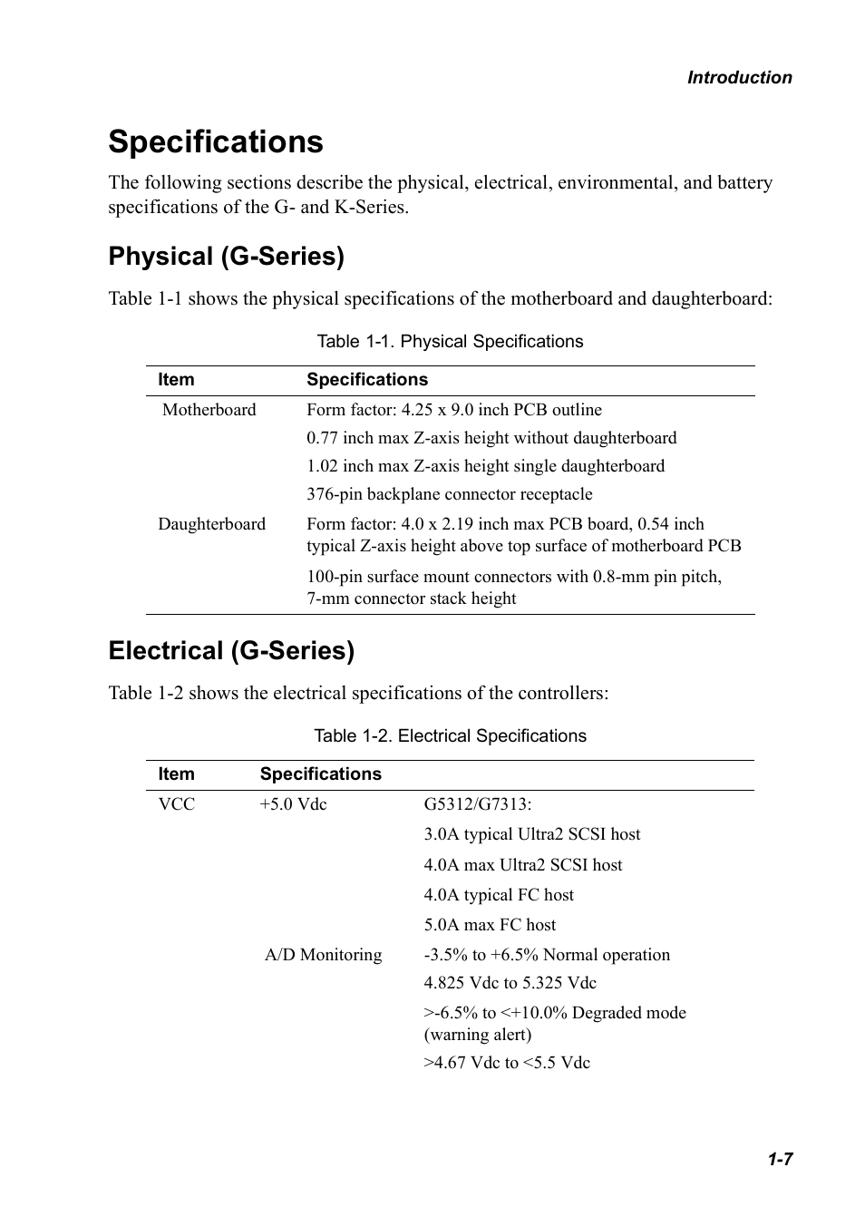 Specifications, Physical (g-series), Electrical (g-series) | Specifications 1-7, Physical (g-series) 1-7 electrical (g-series) 1-7 | Chaparral K5312/K7313 User Manual | Page 17 / 160