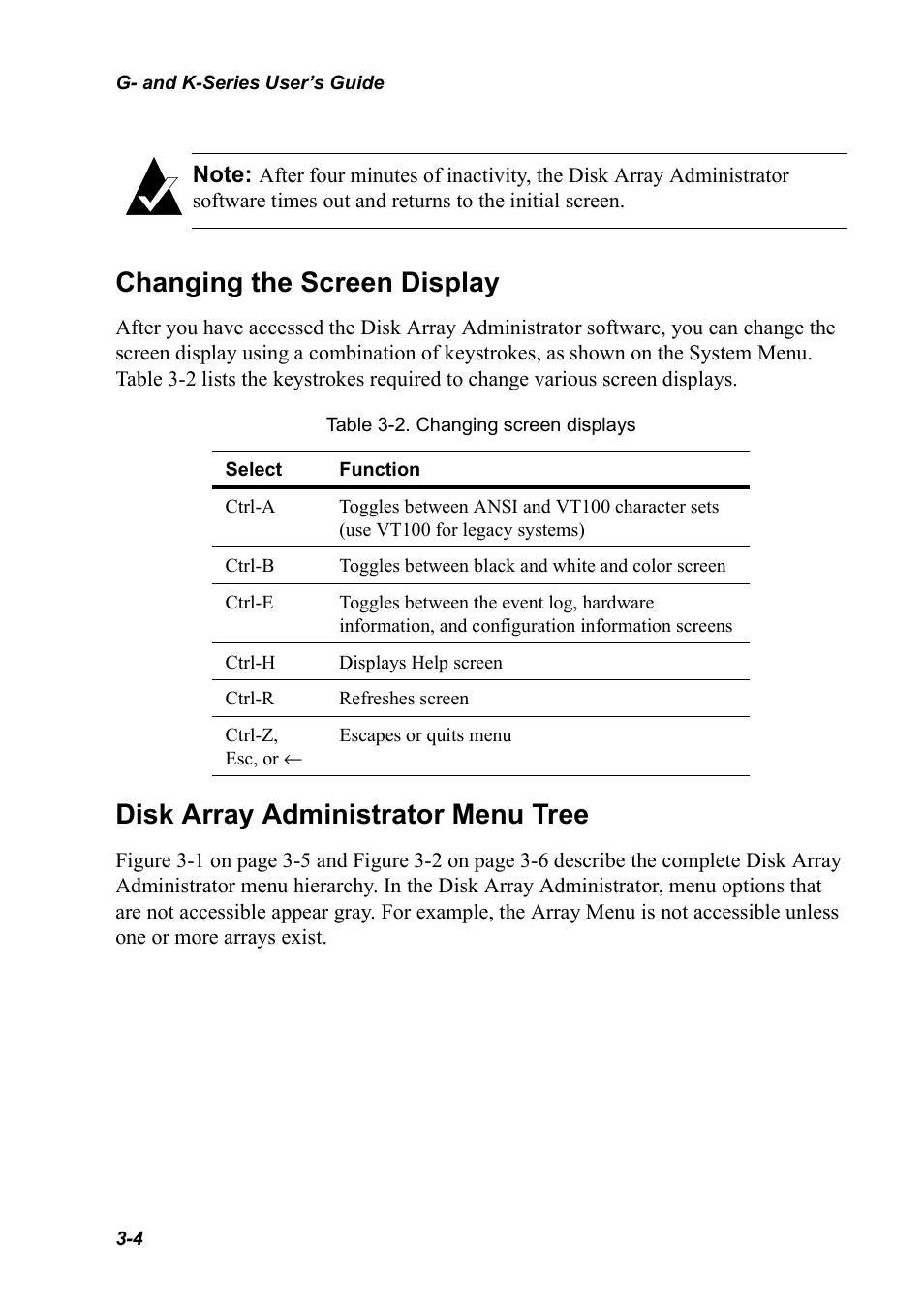 Changing the screen display, Disk array administrator menu tree | Chaparral K5312/K7313 User Manual | Page 32 / 160