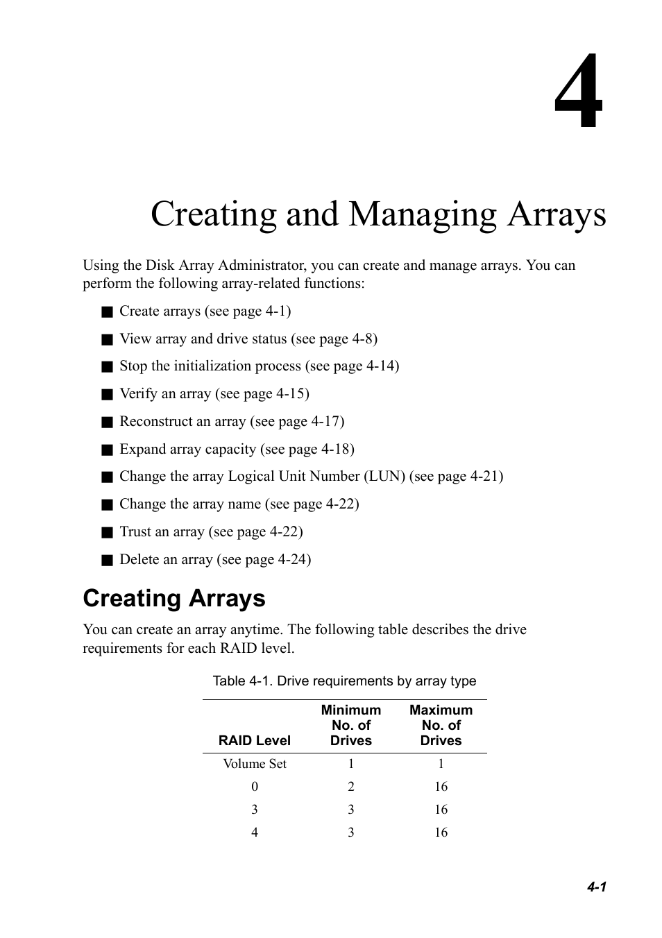 Creating and managing arrays, Creating arrays, Creating arrays 4-1 | Ee chapter 4, creating and managing arrays | Chaparral K5312/K7313 User Manual | Page 35 / 160