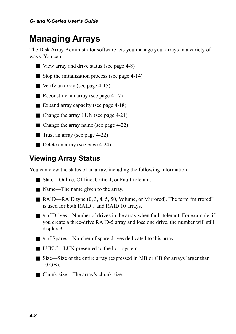 Managing arrays, Viewing array status, Managing arrays 4-8 | Viewing array status 4-8 | Chaparral K5312/K7313 User Manual | Page 42 / 160