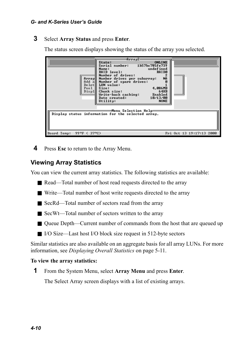 Viewing array statistics | Chaparral K5312/K7313 User Manual | Page 44 / 160