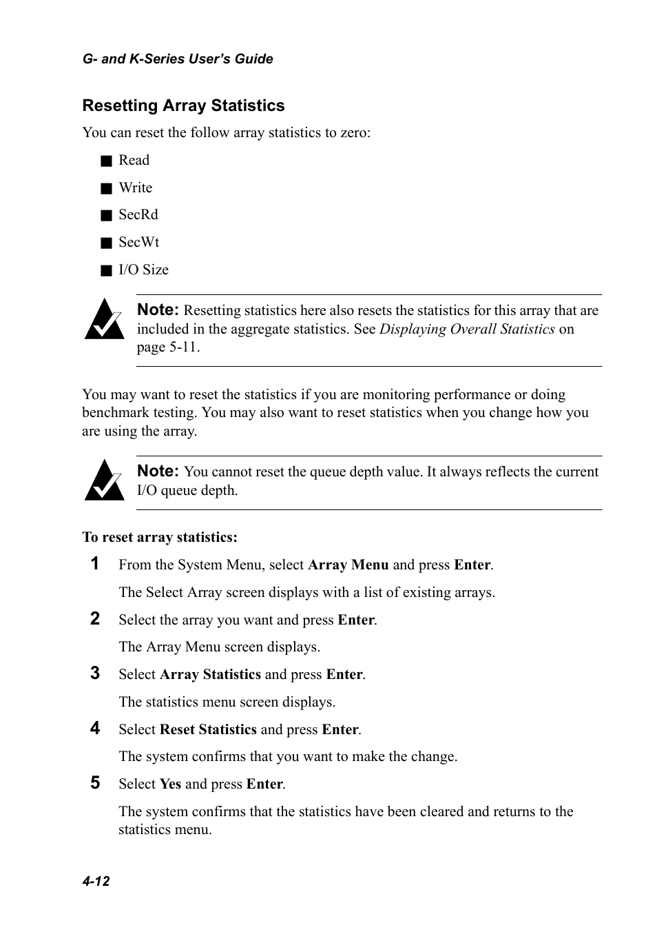 Resetting array statistics | Chaparral K5312/K7313 User Manual | Page 46 / 160