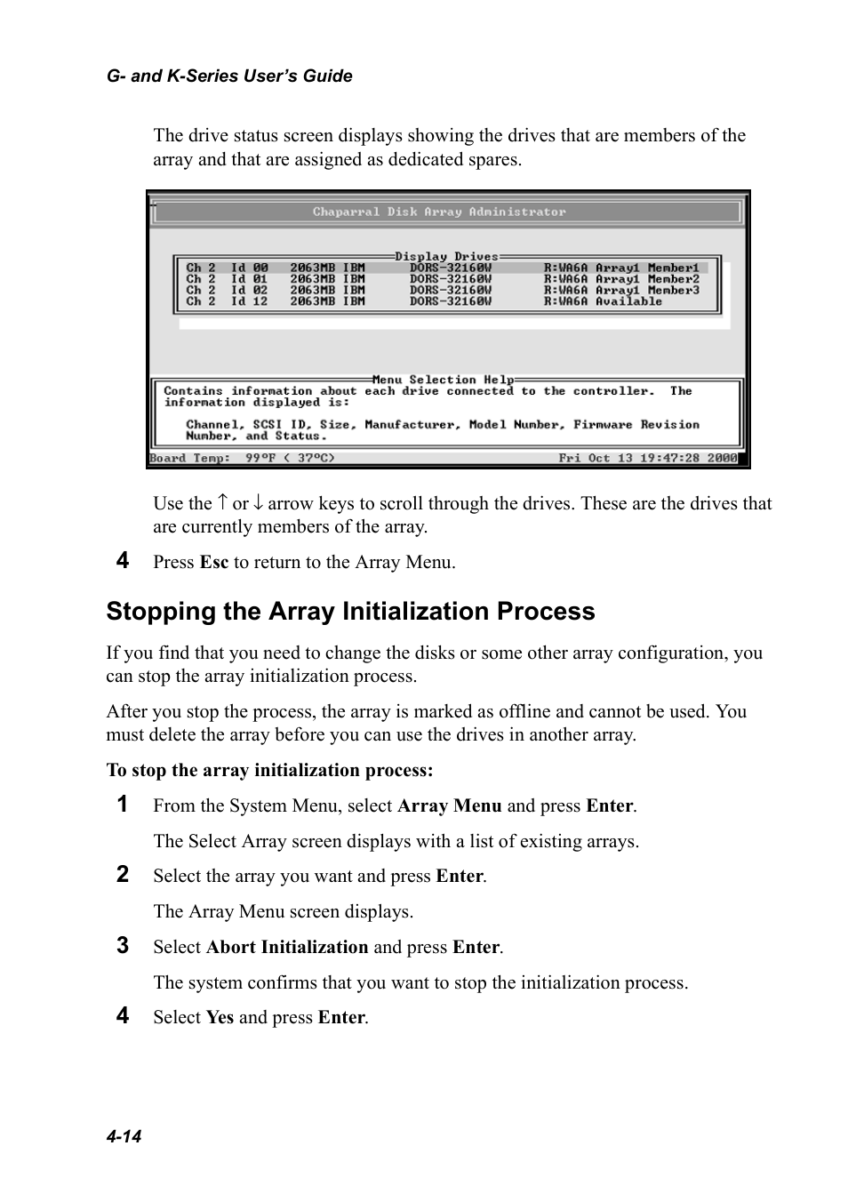 Stopping the array initialization process, Stopping the array initialization process 4-14 | Chaparral K5312/K7313 User Manual | Page 48 / 160