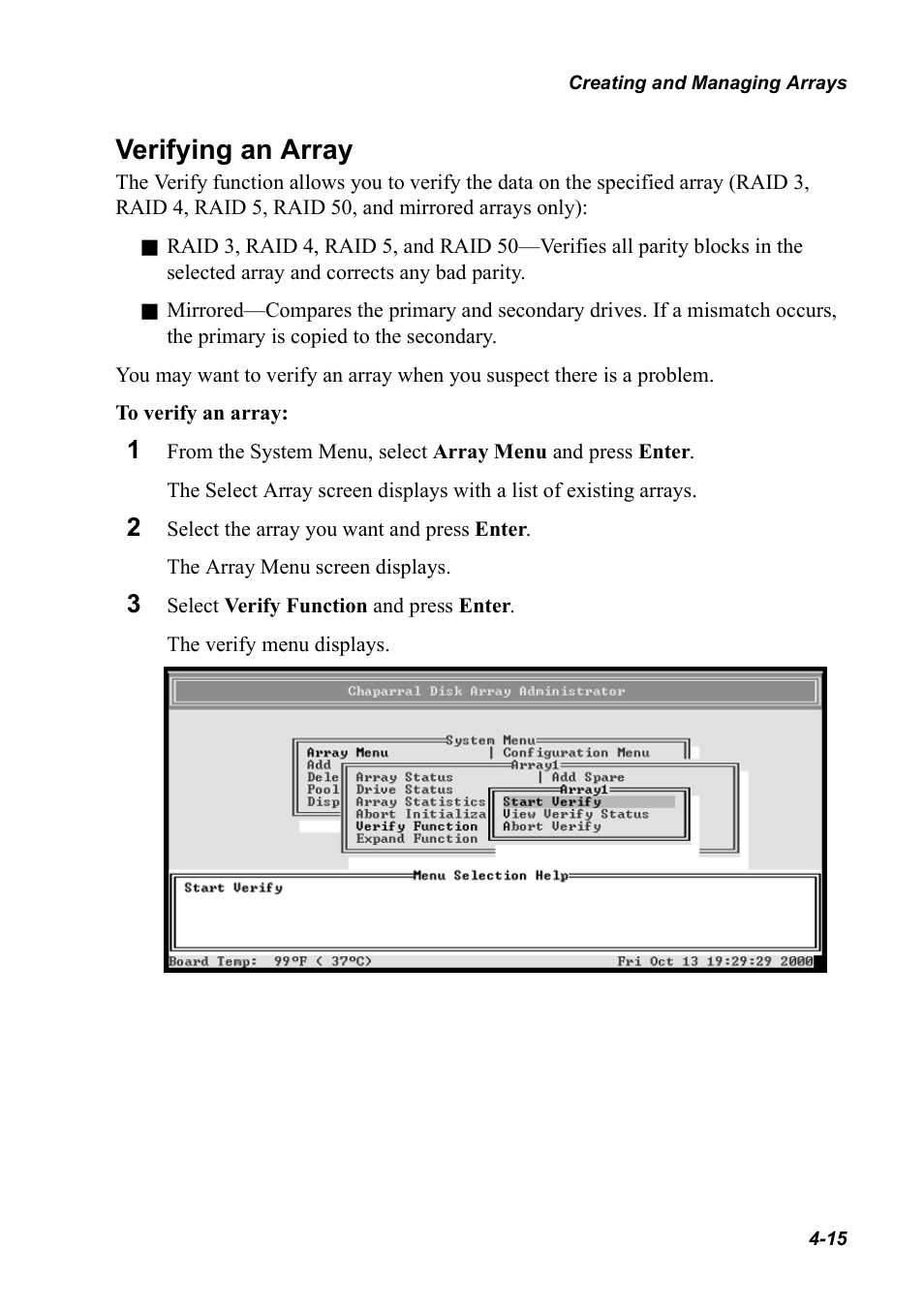 Verifying an array, Verifying an array 4-15 | Chaparral K5312/K7313 User Manual | Page 49 / 160