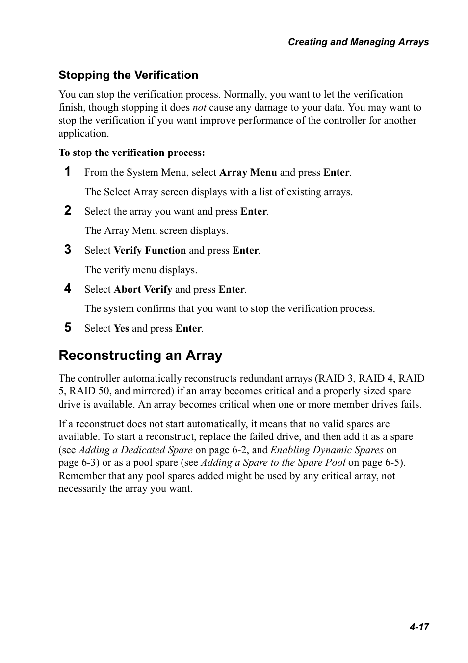 Stopping the verification, Reconstructing an array, Reconstructing an array 4-17 | Chaparral K5312/K7313 User Manual | Page 51 / 160