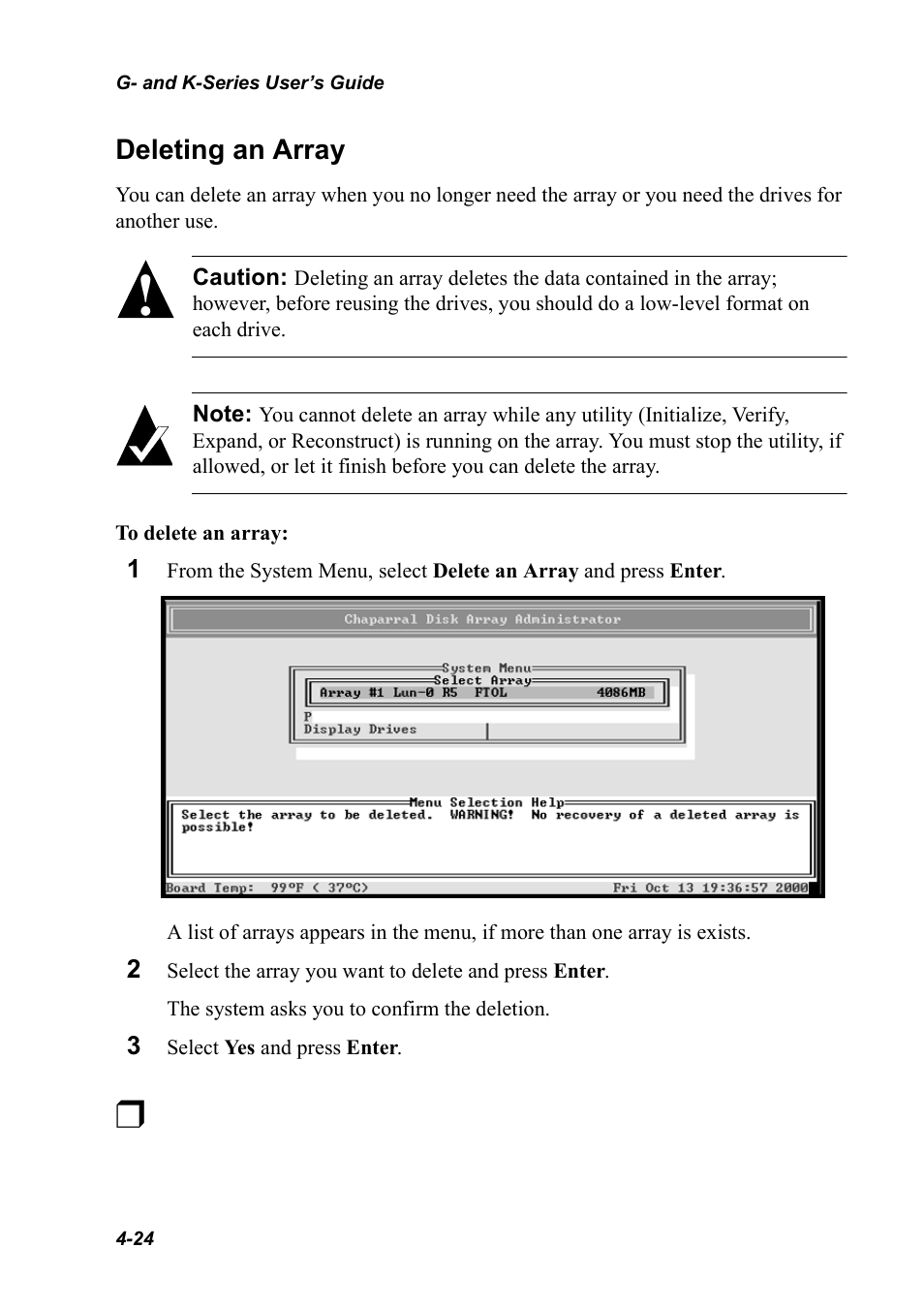 Deleting an array, Deleting an array 4-24 | Chaparral K5312/K7313 User Manual | Page 58 / 160