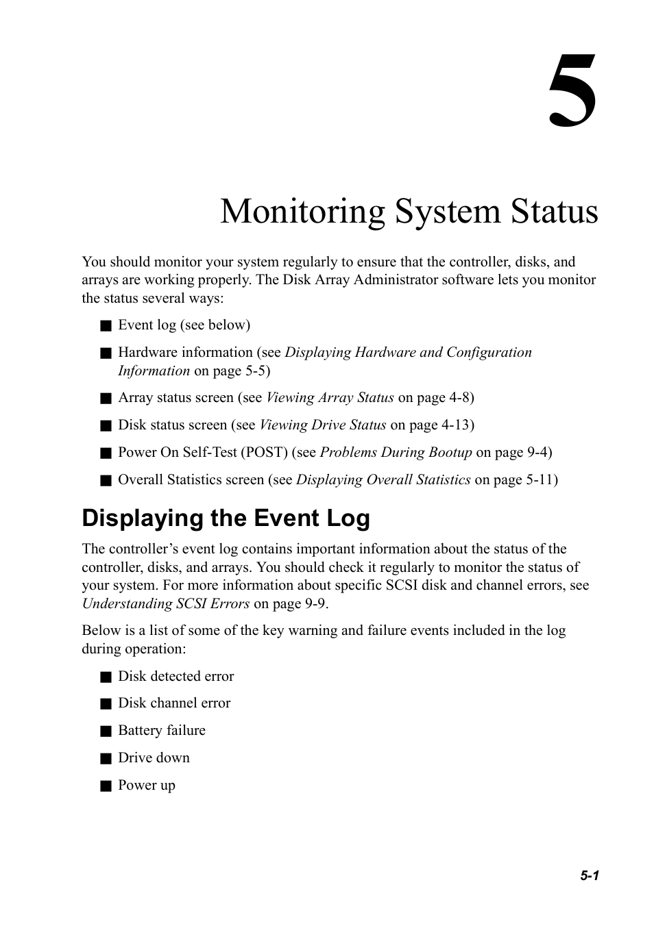 Monitoring system status, Displaying the event log, Displaying the event log 5-1 | Chapter 5, monitoring system status | Chaparral K5312/K7313 User Manual | Page 59 / 160